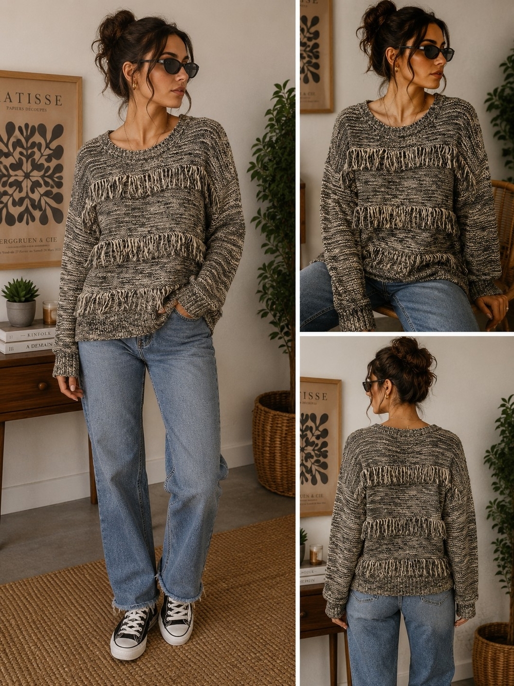 Express Size M Marled Black & White Fringe Sweater